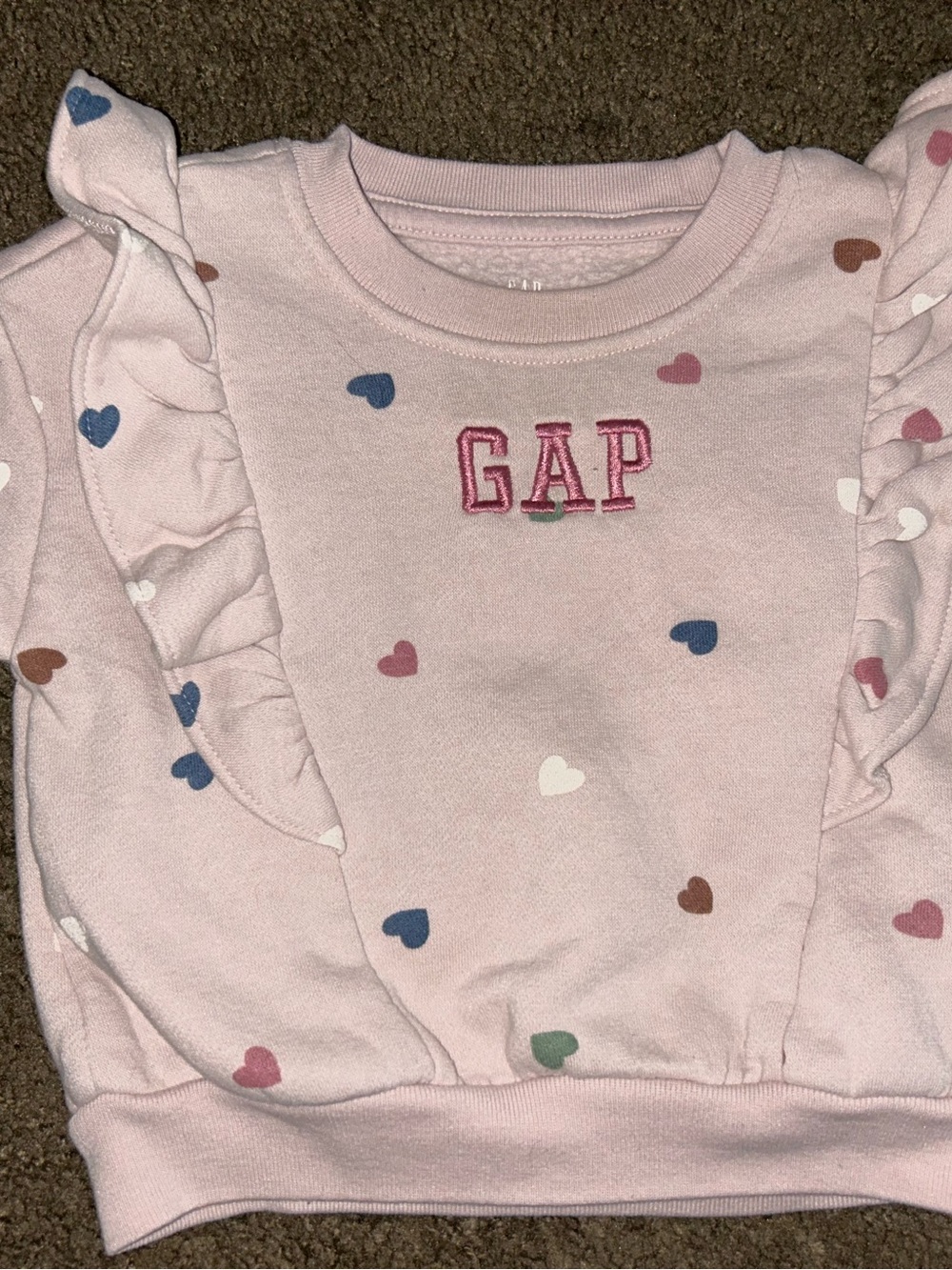 GAP Pink Ruffle Sweatshirt with Multicolor Hearts